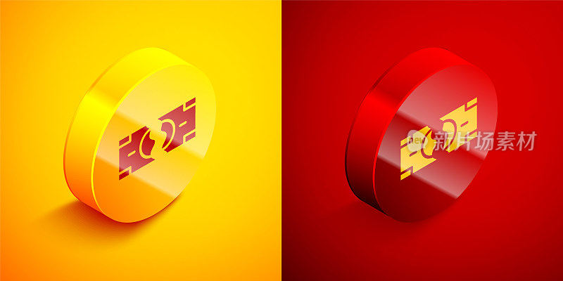 Isometric Tearing apart money banknote into two peaces icon isolated on orange and red background. Circle button. Vector